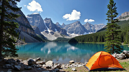 Wall Mural - camping with a tent in the mountains on a lake with a view of beautiful mountains.