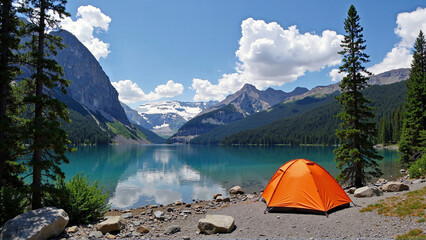 Wall Mural - camping with a tent in the mountains on a lake with a view of beautiful mountains.
