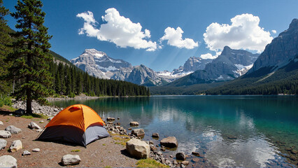 Wall Mural - camping with a tent in the mountains on a lake with a view of beautiful mountains.