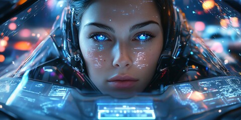 Wall Mural - Futuristic pilot in cockpit, city night. Sci-fi concept art