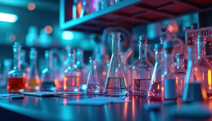 Poster - Abstract lab scene shows glassware filled with liquids. Colorful lights create futuristic research lab vibe. Empty lab table under neon glow. Conceptual image of advanced medical, genetic research.