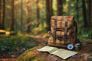 Aufkleber - Exploring nature with a backpack, compass, and map on a forest floor at dusk. Generative AI