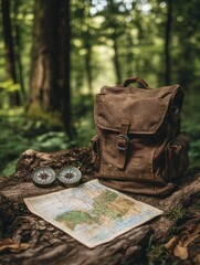 Aufkleber - Exploring nature with a backpack, compass, and map in a tranquil forest setting during the daytime. Generative AI