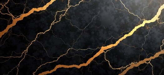 Poster - Abstract design featuring black, gold marble surface. Veins of gold run through dark background creating luxurious, textured look. Graphic used for various decorative purposes in interior, exterior