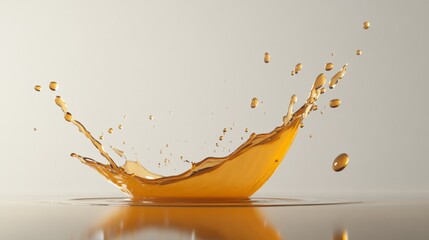 Poster - Golden liquid splashing and creating dynamic drops and ripples across a smooth water surface, set against a neutral background that enhances the vibrant colors and textures