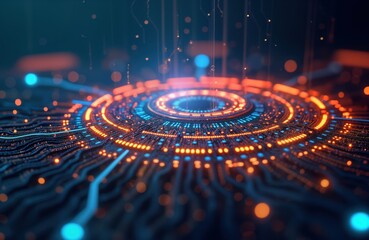 Aufkleber - Abstract illustration of complex tech system. Circular data flows highlighted by orange, blue lights. Modern circuit board pattern with glowing elements suggests advanced info tech AI concept.