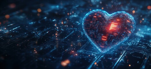Aufkleber - Digital heart symbolizing love and technology, glowing with vibrant circuits and lights, set against a futuristic background of interconnected data streams, copy space for text