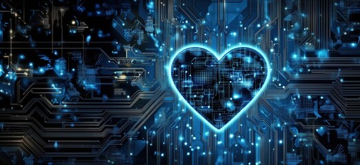Poster - Digital Heart Symbolizing Technology and Connectivity in a Futuristic Circuit Board Design with Blue Neon Glow, copy space for text