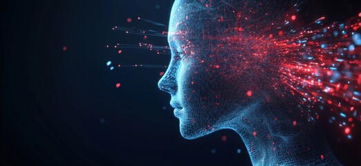 Poster - Digital human head with glowing particles and data streams representing artificial intelligence and technology advancement, copy space for text