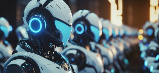 Poster - Futuristic humanoid robots lined up in a high-tech environment showcasing advanced design and glowing features, copy space for text