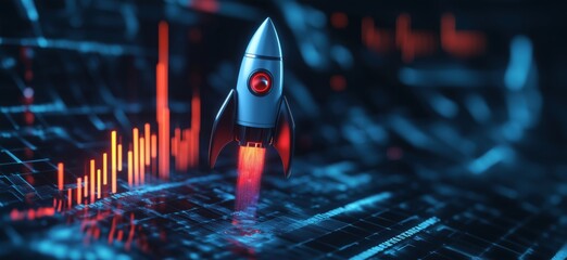 Poster - Rocket Launching with Digital Data Visualization Background, Futuristic Technology Concept, Innovation and Growth, copy space for text