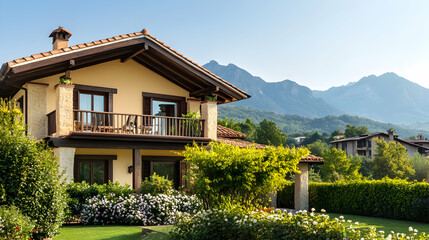 Charming rural villa with warm beige walls, a spacious terrace with wooden railings, blooming flowers in the garden and mountains in the backdrop