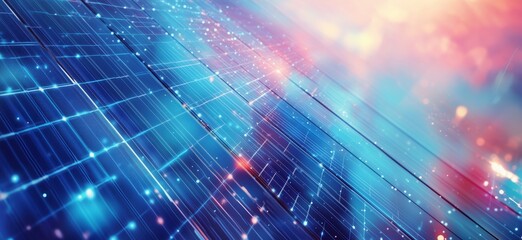 Poster - Futuristic digital landscape with glowing lines and particles, representing technology, data flow, and innovation, copy space for text