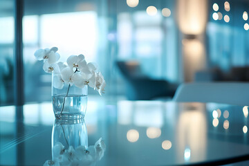 Cool blue bokeh with icy shimmer inside a minimalist modern apartment, clean lines and sleek glass furniture