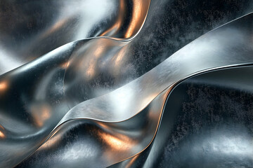 Cool metallic particles forming flowing ribbons over a textured steel gray abstract background