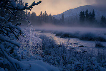 Wall Mural - Frost-covered spiderwebs glimmering delicately in the faint dawn light amidst a snowy meadow