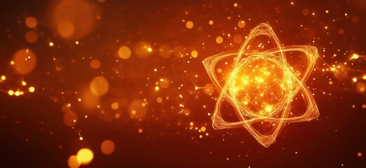 Poster - Atomic structure illustration with glowing particles and star shape, representing energy and science concepts, copy space for text
