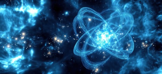 Poster - Atomic structure visualization with glowing blue particles and swirling energy in cosmic background, representing science and technology, copy space for text