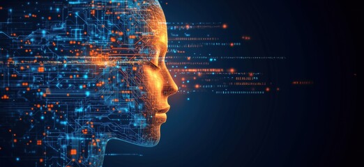 Poster - Artificial Intelligence Profile Silhouette with Digital Circuitry and Data Streams Representing Technology and Innovation, copy space for text