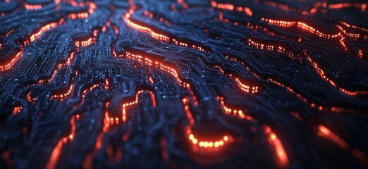 Poster - Abstract circuit board design with glowing lines and intricate patterns, showcasing technology and innovation in a digital landscape, copy space for text