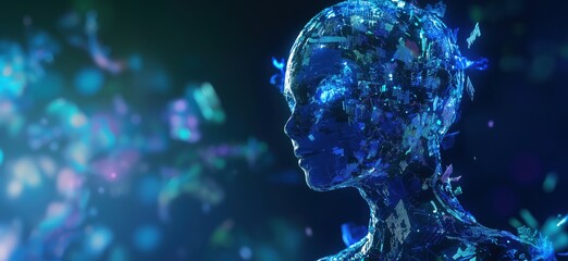 Poster - Futuristic digital humanoid figure composed of shimmering data fragments and vibrant colors, representing artificial intelligence and technology, copy space for text