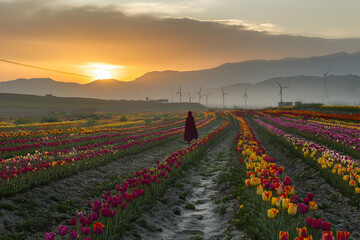 Wall Mural - Rows of tulips in vibrant colors stretching endlessly under a warm springtime sunrise, with windmills in the distance