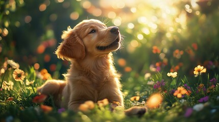 Canvas Print - Golden retriever puppy in a flower field at sunset