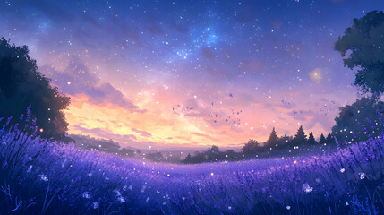 Wall Mural - Soft lavender fields glowing under the ethereal light of the Milky Way on a peaceful summer evening