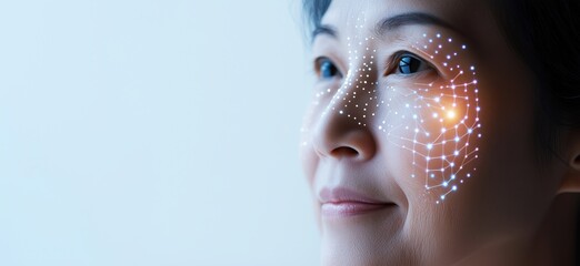 Poster - facial recognition technology visualization on womanâ€™s face, showcasing digital network patterns a