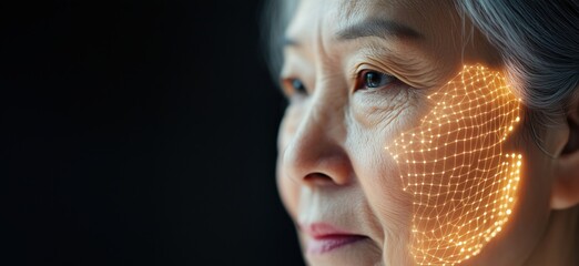 Poster - Elderly woman with glowing digital mesh overlay on face, showcasing technology and beauty, highlighting aging and innovation, copy space for text