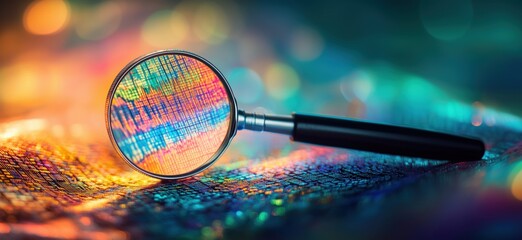 Poster - Magnifying glass revealing vibrant, colorful patterns on a textured surface, showcasing intricate details and reflections in a blurred background, copy space for text