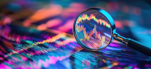 Poster - Magnifying glass focusing on vibrant financial data visualization, showcasing colorful stock market trends and analytics, copy space for text