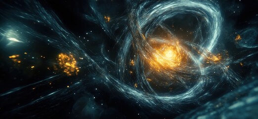 Poster - cosmic swirls and explosions in deep space, vivid orange and blue energy patterns, abstract galactic