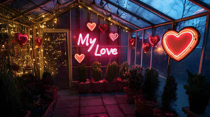 Valentine's setup in a dreamy greenhouse with heart-shaped topiaries, sparkling fairy lights and 