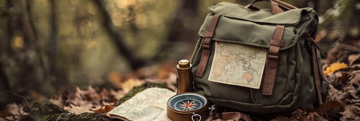 Aufkleber - Exploring the wilderness with a backpack, compass, and map in a serene forest setting during autumn. Generative AI