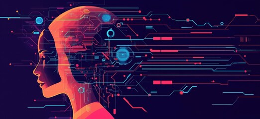 Poster - Futuristic AI Profile Silhouette with Digital Circuitry and Data Flow, Representing Technology and Innovation, copy space for text