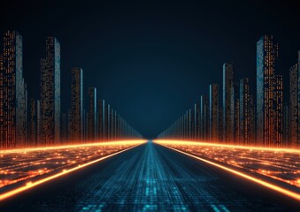 Poster - A futuristic landscape featuring illuminated pathways and towering structures, evoking a sense of advanced technology and vast digital spaces.