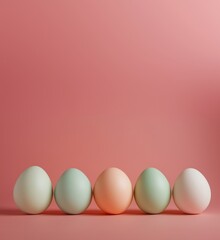 Poster - Colorful eggs arranged in a row on a soft pink background showcasing pastel hues and smooth textures, copy space for text