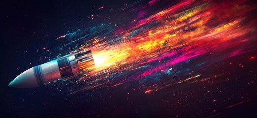 Poster - rocket propulsion with fiery exhaust streaking through cosmic space, showcasing vibrant colors and d