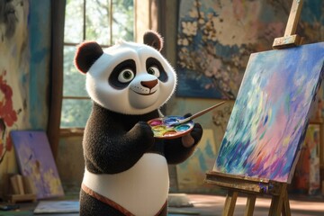 Poster - Panda artist creates vibrant painting using brush and palette in colorful art studio. Generative AI