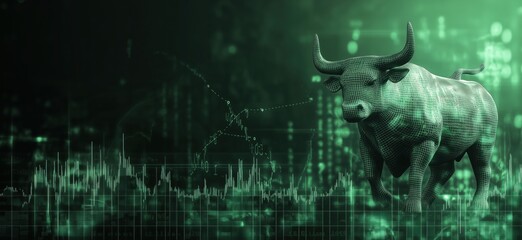 Poster - Bull Market Representation with Digital Bull and Financial Data Visualization, copy space for text