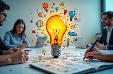 Poster - Creative business team brainstorming innovative projects in office. People discuss ideas, write down concepts. Teamwork, collaboration key for success. Bright light bulb innovation, inspiration.