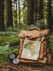 Aufkleber - Exploring nature with a backpack, compass, and map in a lush forest during daylight hours. Generative AI