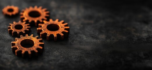 Poster - Rusty gears on dark textured background, showcasing industrial design and mechanical engineering elements, copy space for text