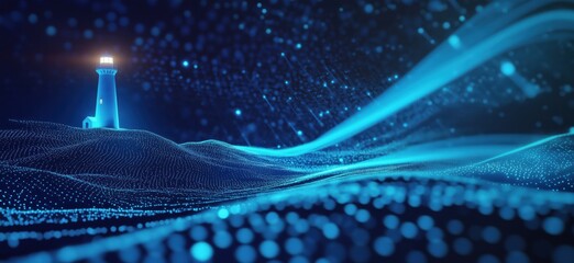 Poster - Lighthouse illuminated in blue digital landscape with flowing waves and particles, representing technology and innovation, copy space for text