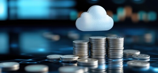 Poster - Cloud computing symbol above stacks of coins representing digital currency and financial growth in technology sector, copy space for text