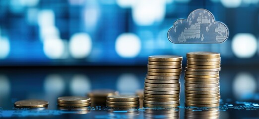 Poster - Cloud computing investment growth represented by stacks of coins and digital cloud symbol, illustrating financial technology and data storage advancements, copy space for text