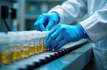 Aufkleber - Technician in lab coat, blue gloves works with liquid samples in test tubes. Modern lab equipment handles samples. Sterile process in modern pharmaceutical facility. Analysis of liquids. Science