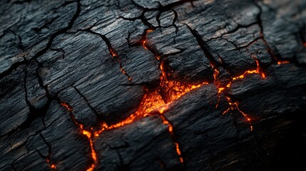 Wall Mural - Glowing Ember Cracks on Charred Wood Surface in Dramatic Lighting
