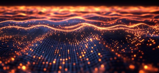 Poster - Digital wave patterns illuminated by glowing orange lights, creating a mesmerizing visual of flowing energy and depth in a dark background, copy space for text
